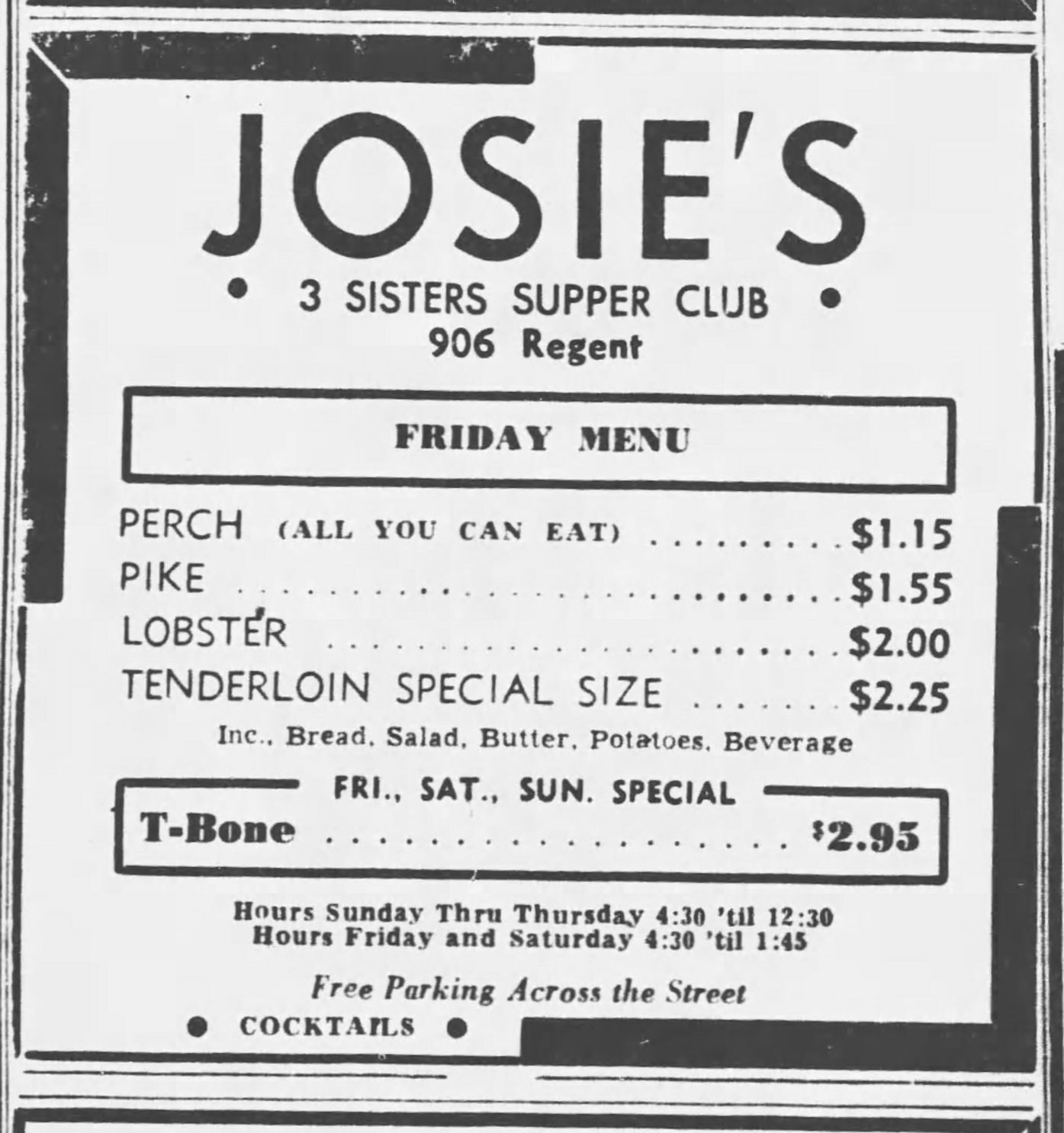 Ad for Josie's 3 Sisters, 1964